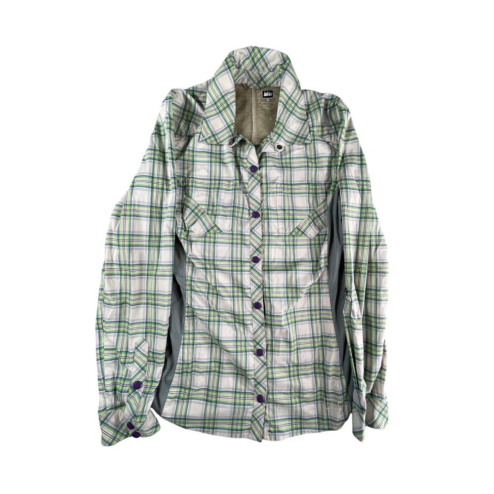 REI Shirt Womens Medium Green Flannel Button Up Plaid Long Sleeve Hiking Vented